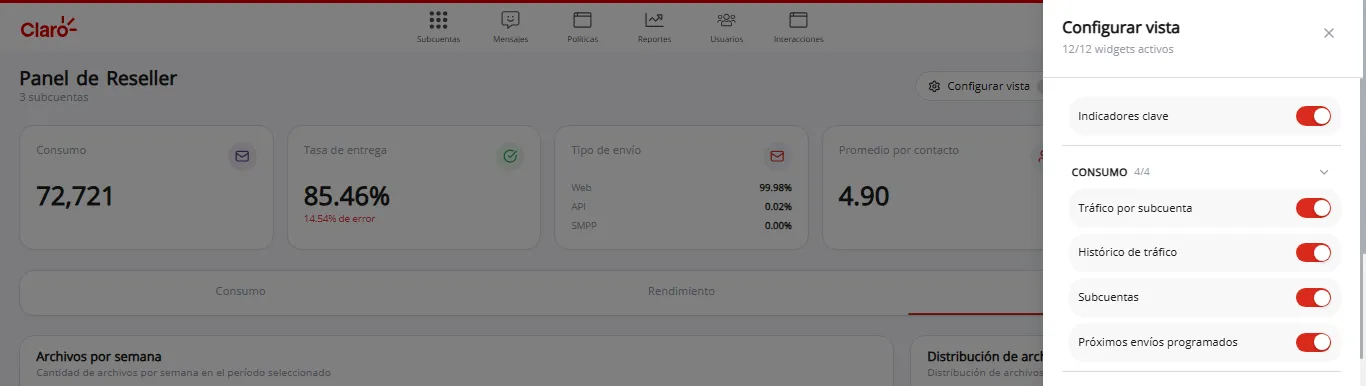 Panel de configuración de vista